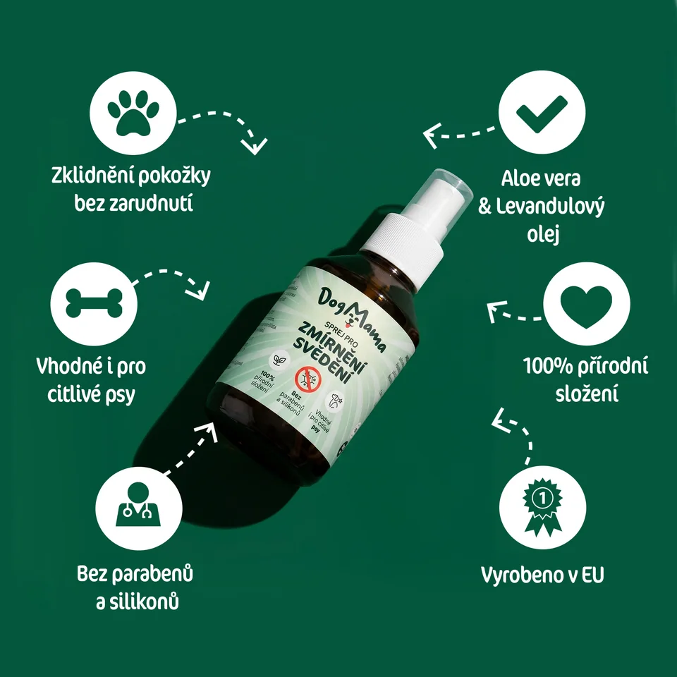 Zelený produktový banner DogMama so sprejom a ikonami