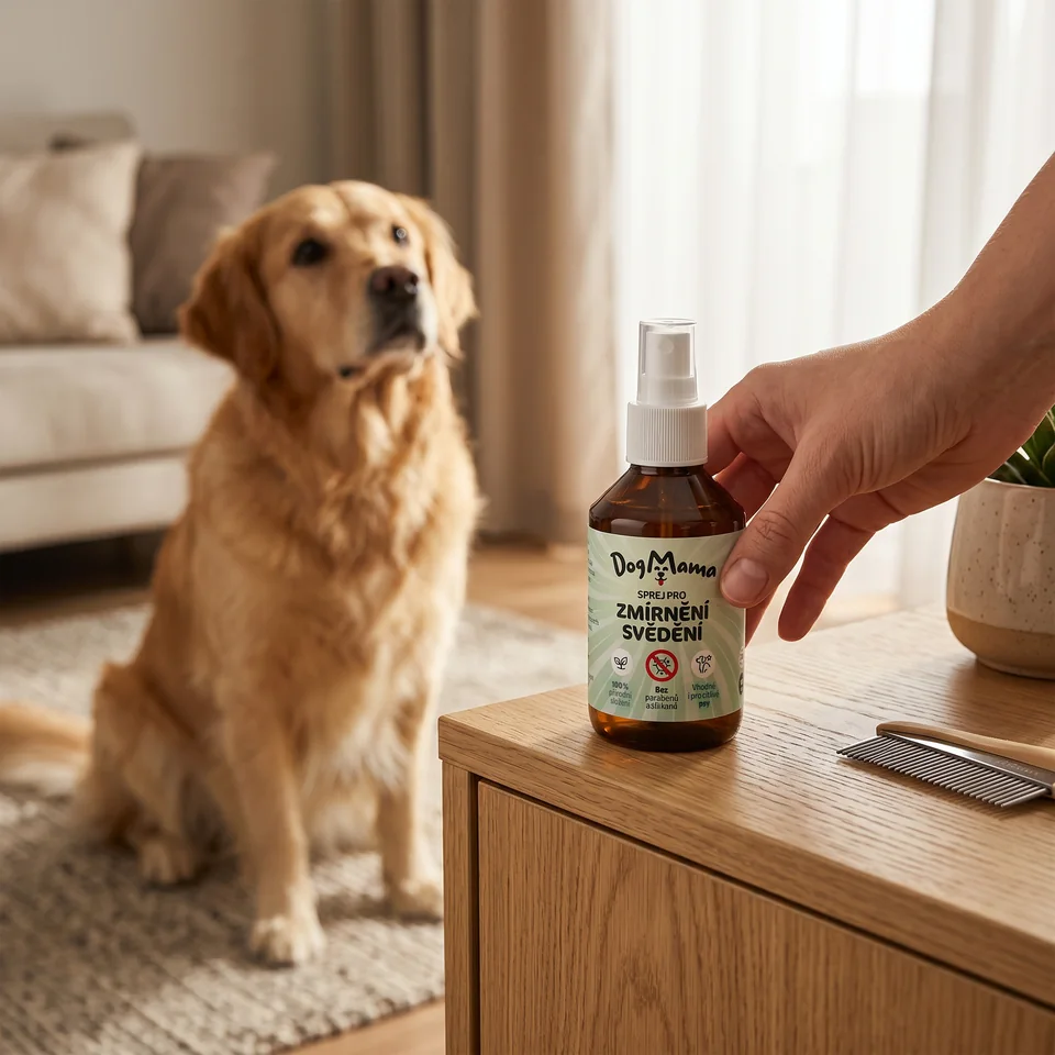 Zlatý retriever v obývačke pri produkte DogMama
