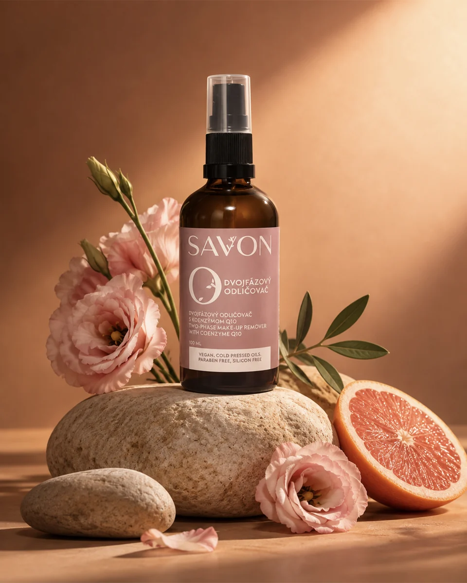 Dvojfázový odličovač Savon s ružovými kvetmi, kameňom a citrusom